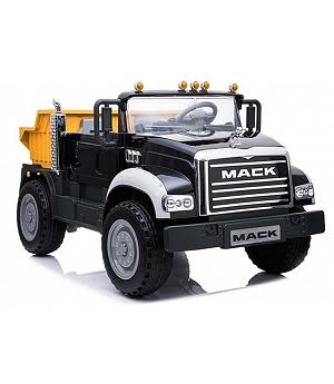 Camión eléctrico infantil Mack 12v, 2x45w, Mando RC, Ruedas Goma EVA, Color negro con remolque color amarillo - LE5338